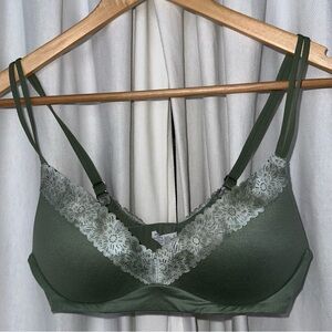 NWOT: AERIE REAL SUNNIE DEMI WIRELESS PUSH UP GREEN LACE TRIM BRA, SIZE 34B